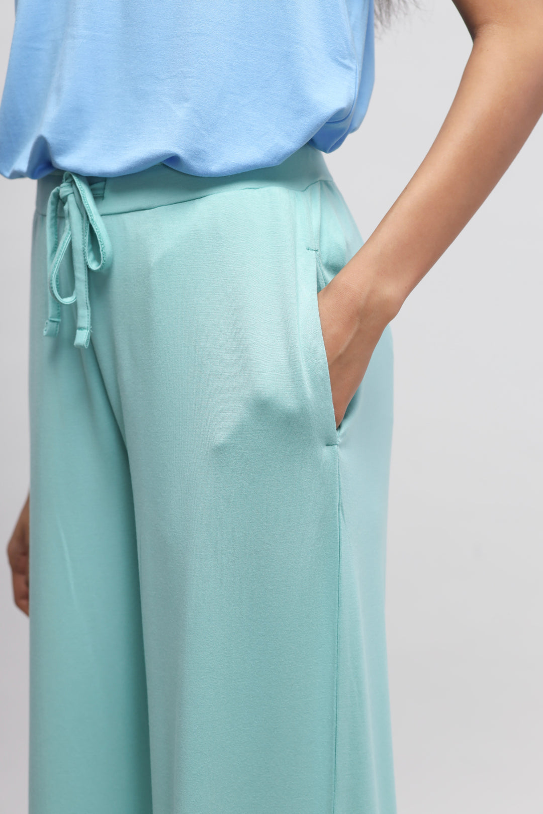 Aqua Flared Pajama Set showcasing comfortable loungewear with pockets.