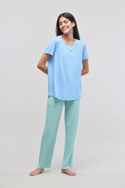 Aqua Straight Pajama Set with light blue top and green pants.
