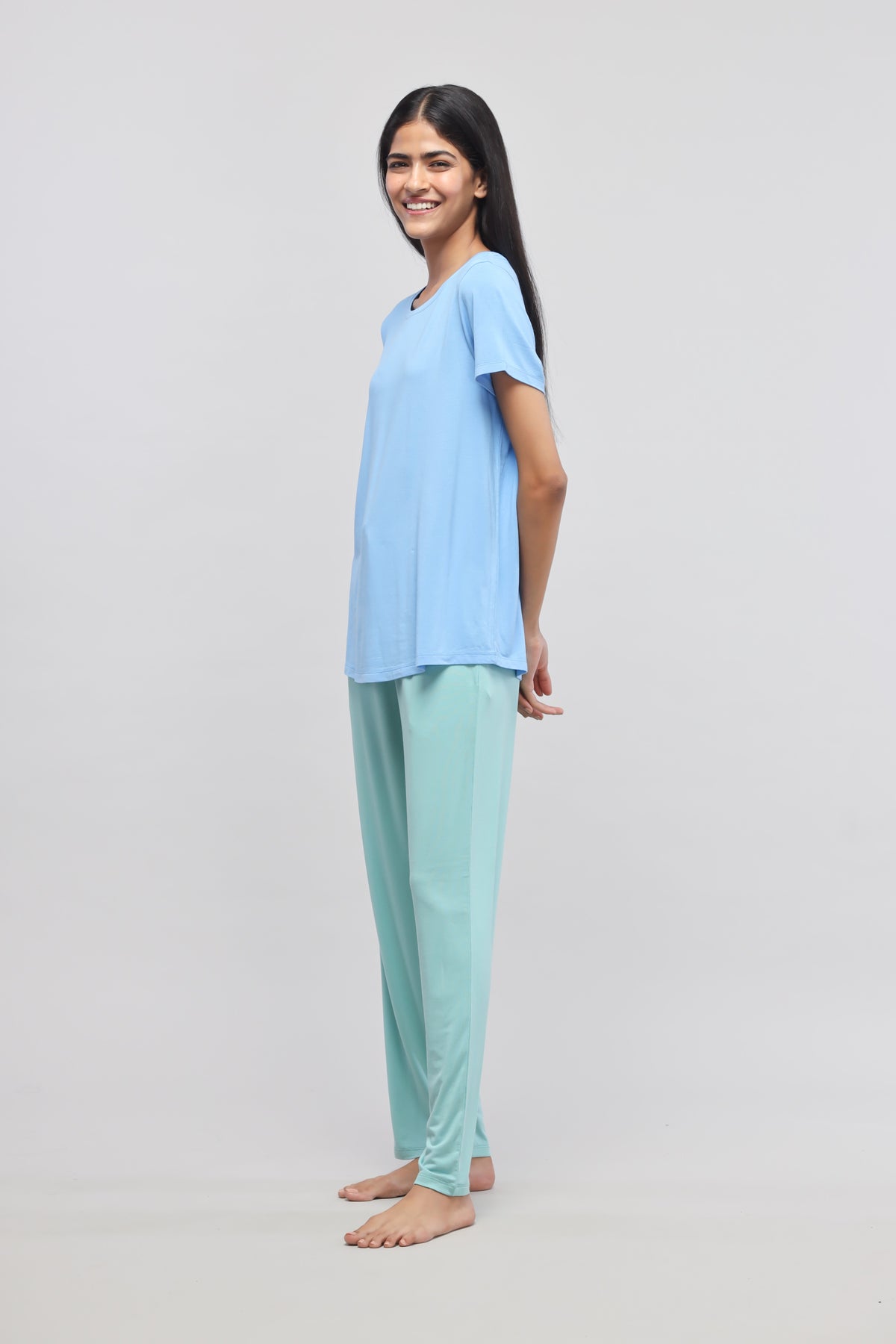 Aqua Straight Lounge Pant featuring a model in comfortable attire.