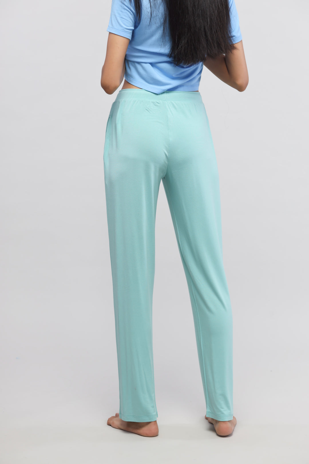 Aqua Straight Pajama Set featuring comfortable light blue top and mint green pants.