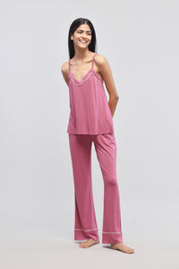 Rosy pink button down piping tank top set for stylish comfort.