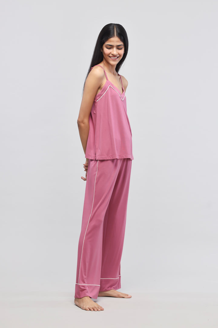 Rosy pink button down tank top and piping pants set.