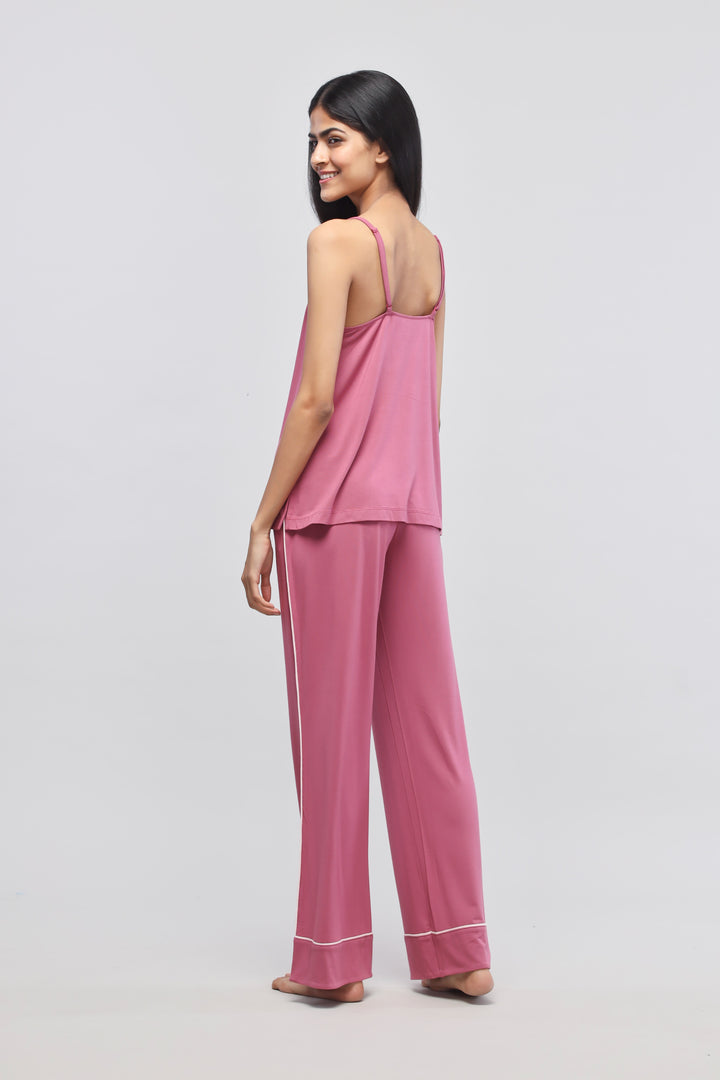 Rosy pink button down tank top and pants set, stylish women's loungewear.