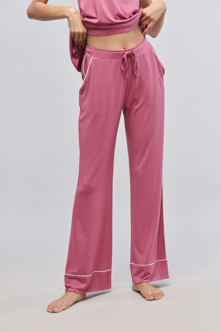 Rosy pink button-down piping pajama set with full sleeve top.