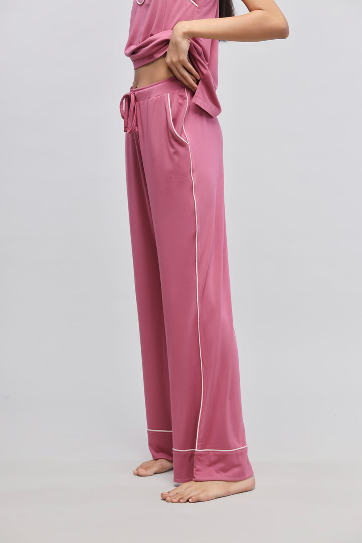 Rosy pink button-down piping pajama set with full sleeve top.