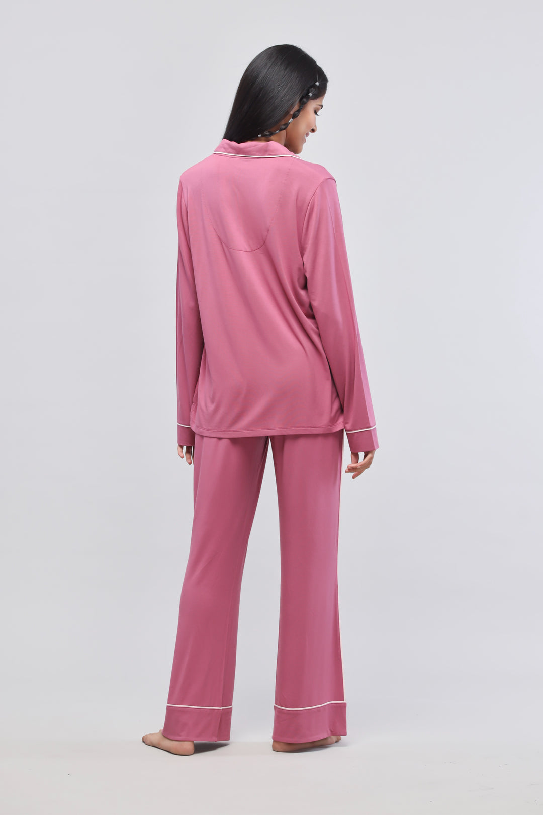 Rosy pink button-down piping pajama set with full sleeve top.