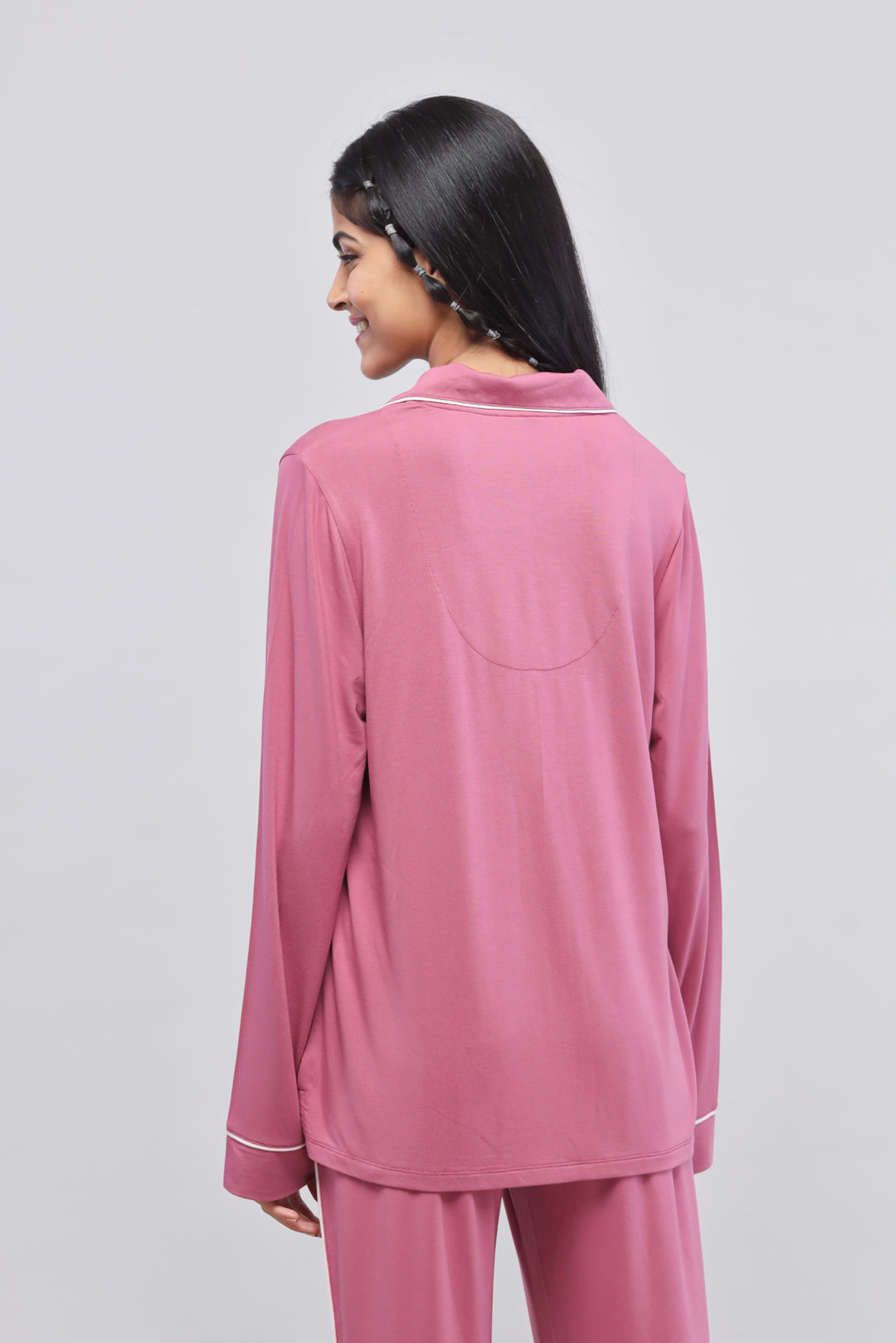 Rosy Pink Button-Down Piping Full Sleeves Top