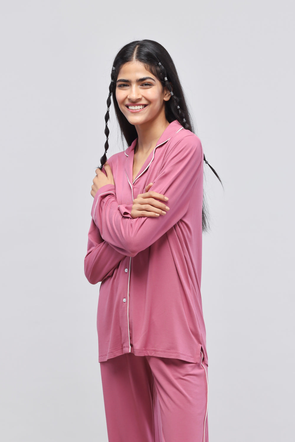 Rosy Pink Button-Down Piping Full Sleeves Top