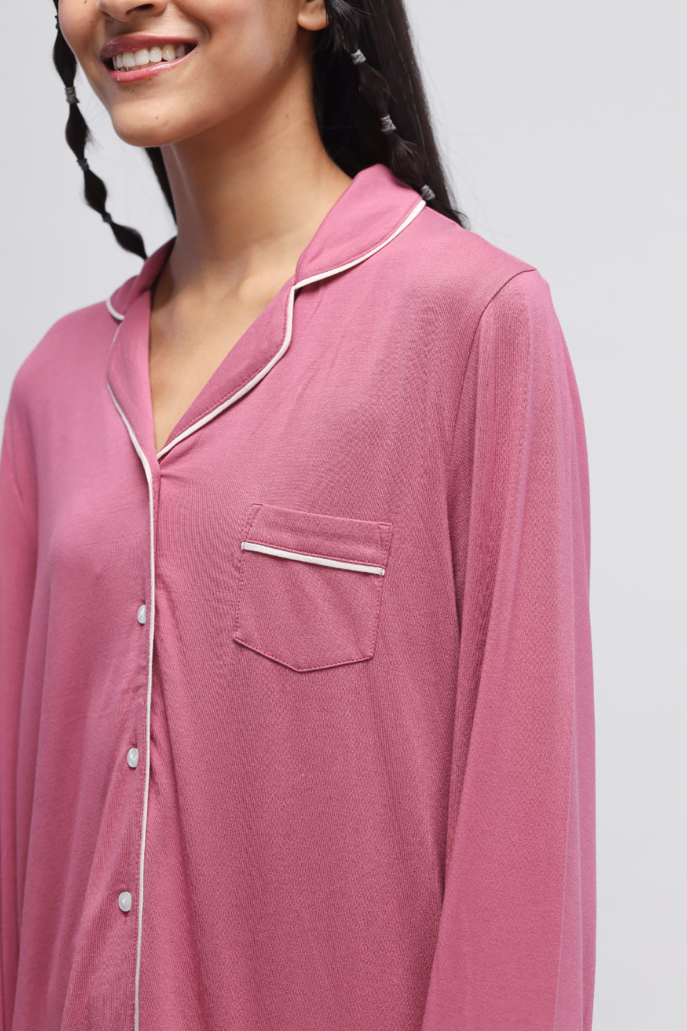 Rosy pink button-down piping pajama set, full sleeve top detail.