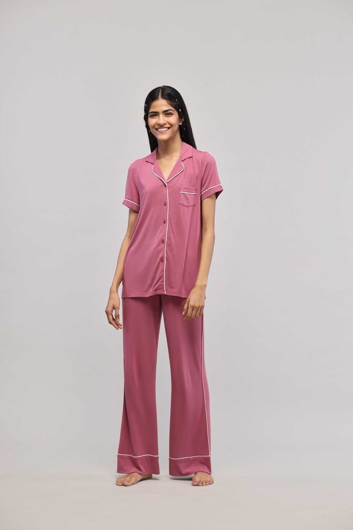 Rosy pink button down piping pajama set with half sleeve top.