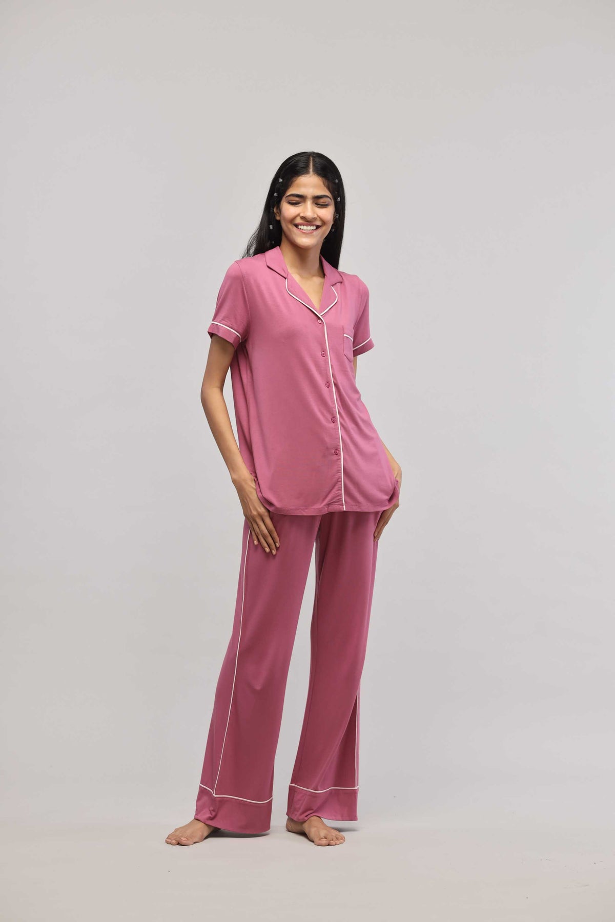 Rosy Pink Button Down Half Sleeve Top with piping details