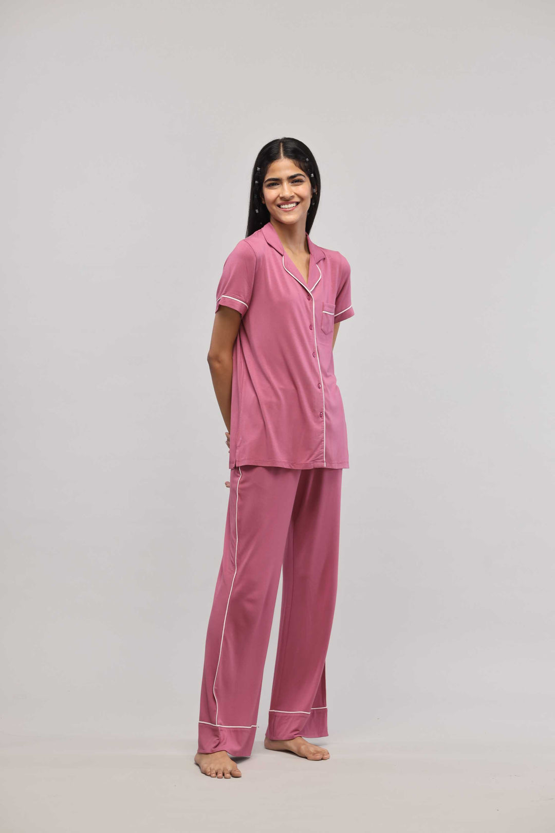 Rosy pink button down piping pajama set with half sleeve top.