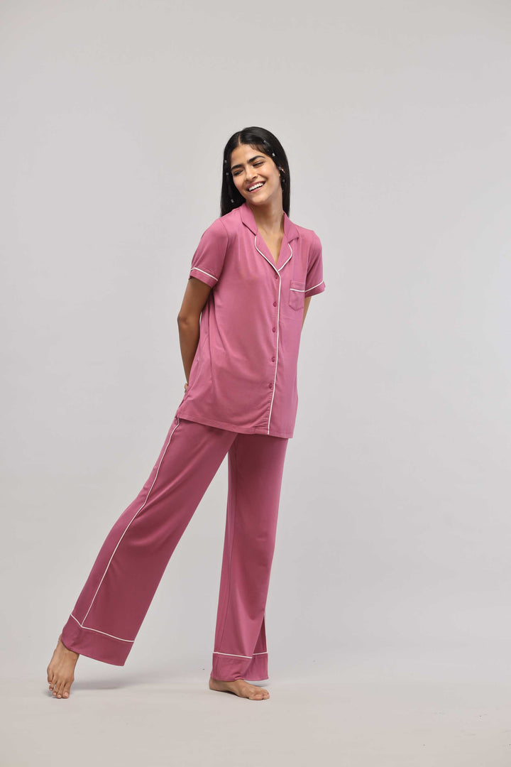 Rosy pink button-down piping pajama set with half sleeve top.