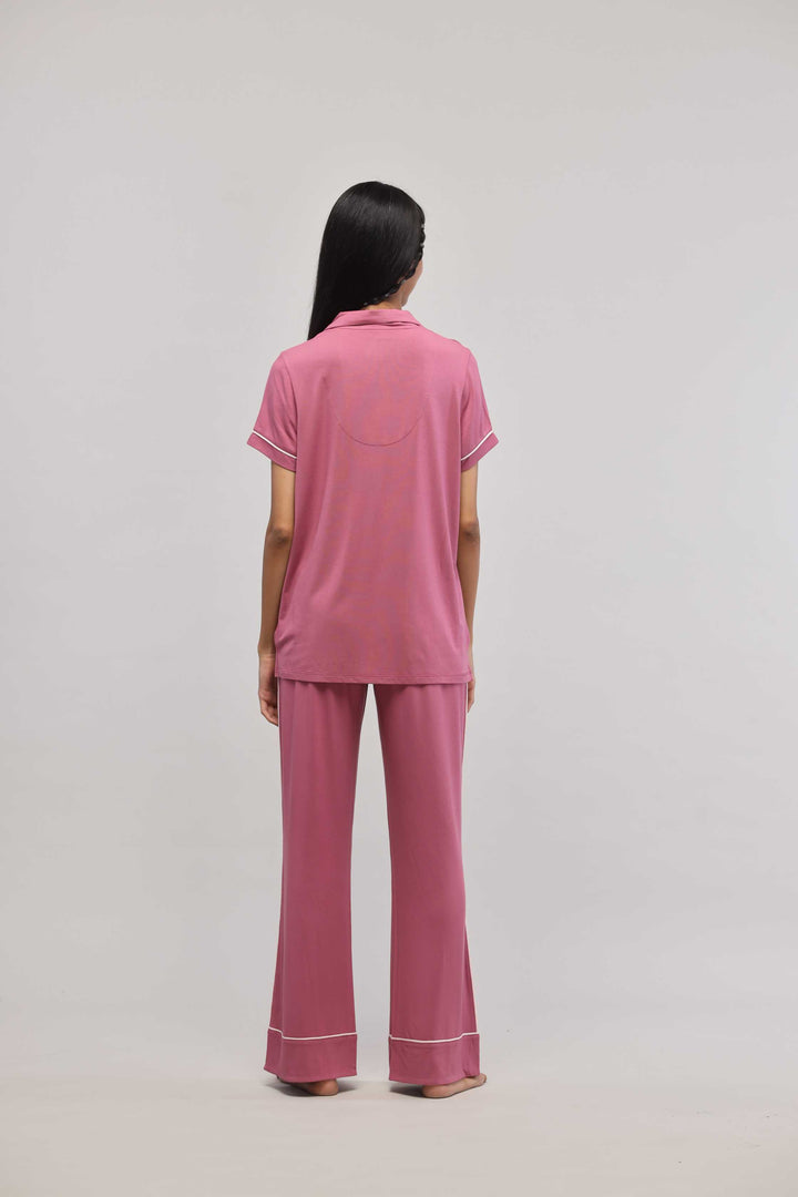 Rosy pink button down piping pajama set for women, half sleeve top.