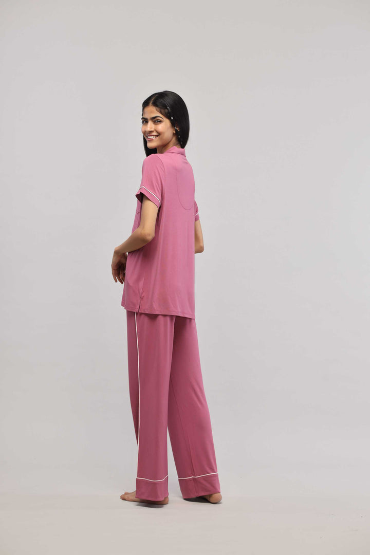 Rosy pink button down piping pajama set with half sleeve top.