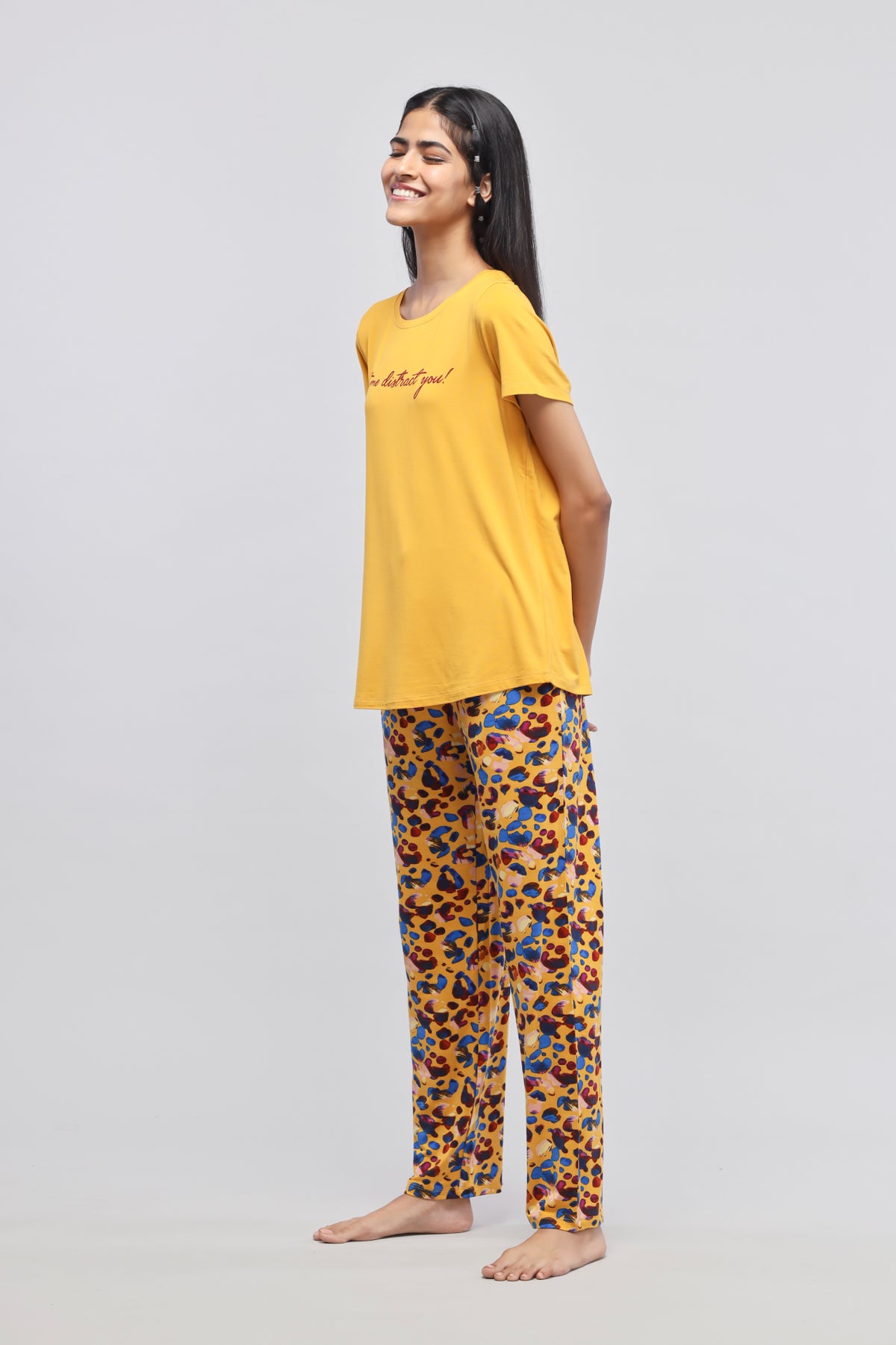 Yellow modal pajamas set with playful leopard print design.