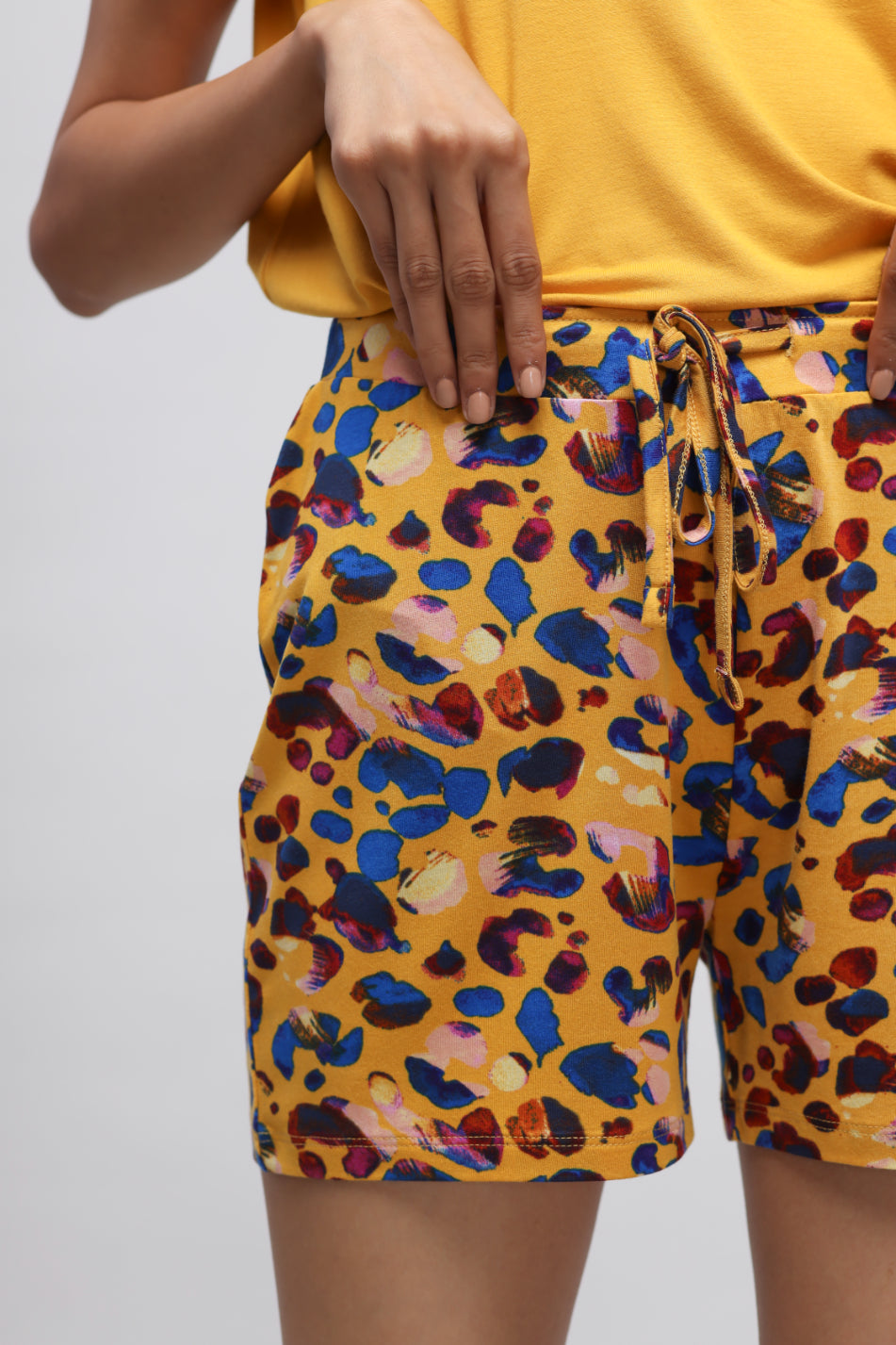 Safari Modal Shorts featuring colorful leopard print design and drawstring waist.