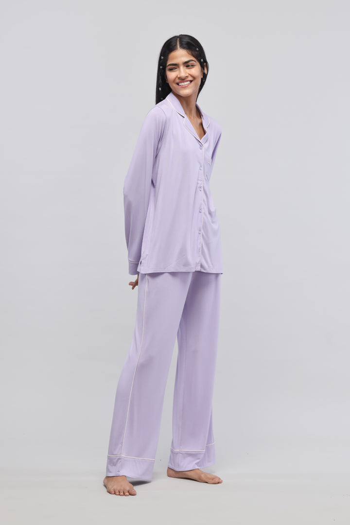 Lavender piping pajamas for stylish and comfortable lounging.