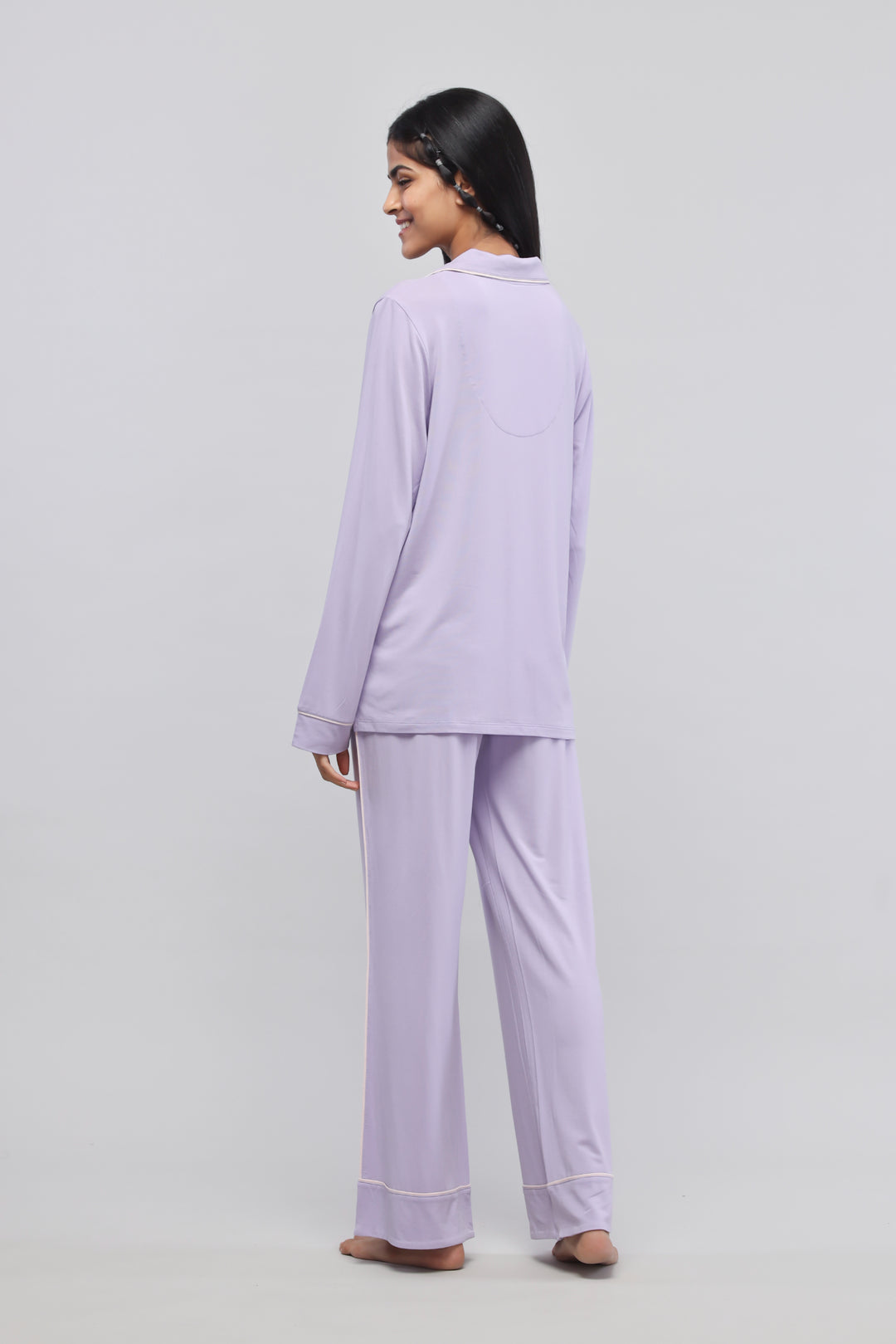Lavender piping pajama set with full sleeve top, stylish and comfortable.
