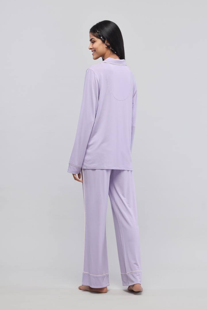 Lavender piping pajama set with full sleeve top, stylish and comfortable.
