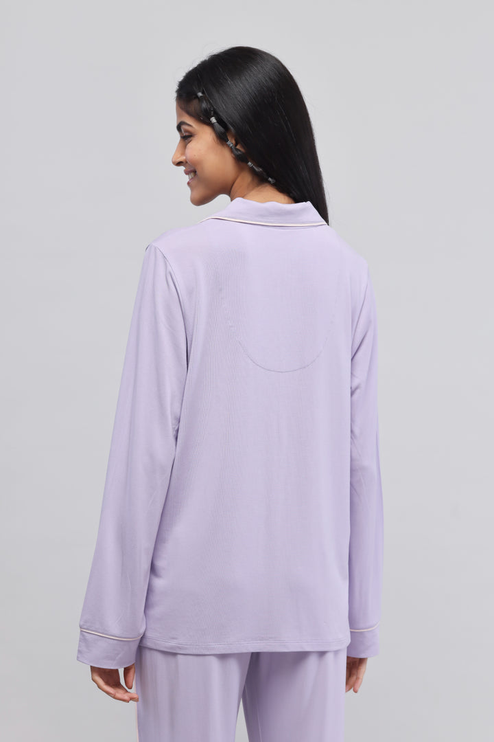 Lavender Button-Down Piping Full Sleeves Top