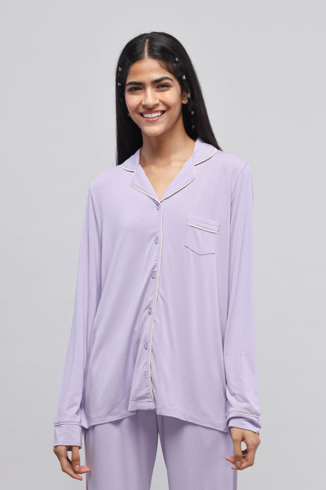 Lavender piping pajama set with full sleeve top, stylish and cozy.