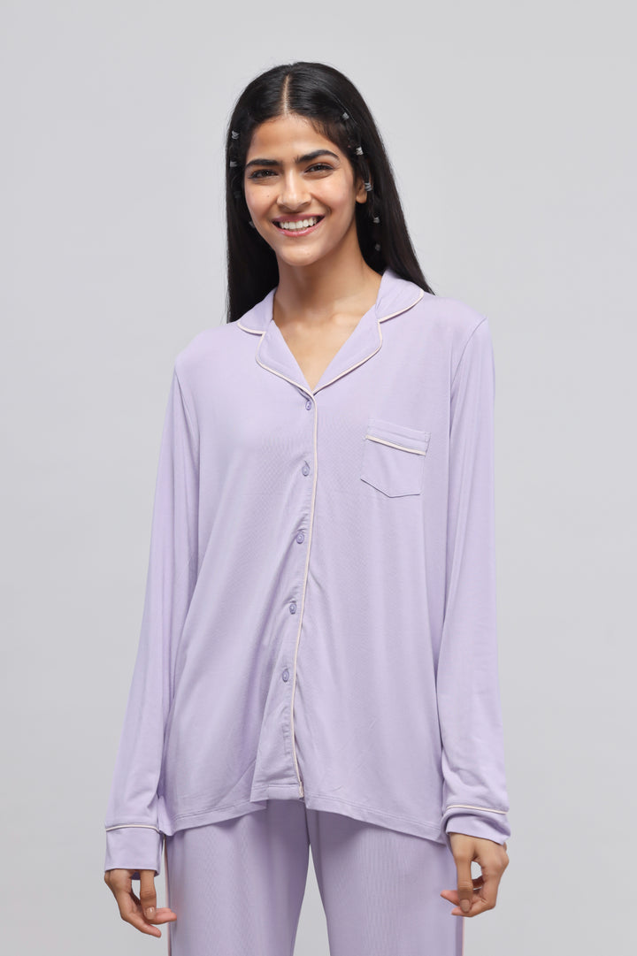 Lavender piping pajama set with full sleeve top, stylish and cozy.