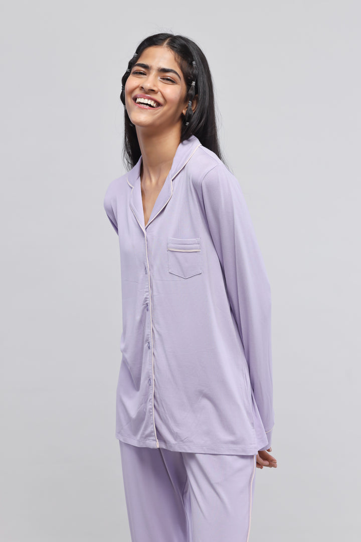 Lavender piping pajama set with full sleeve top for women.