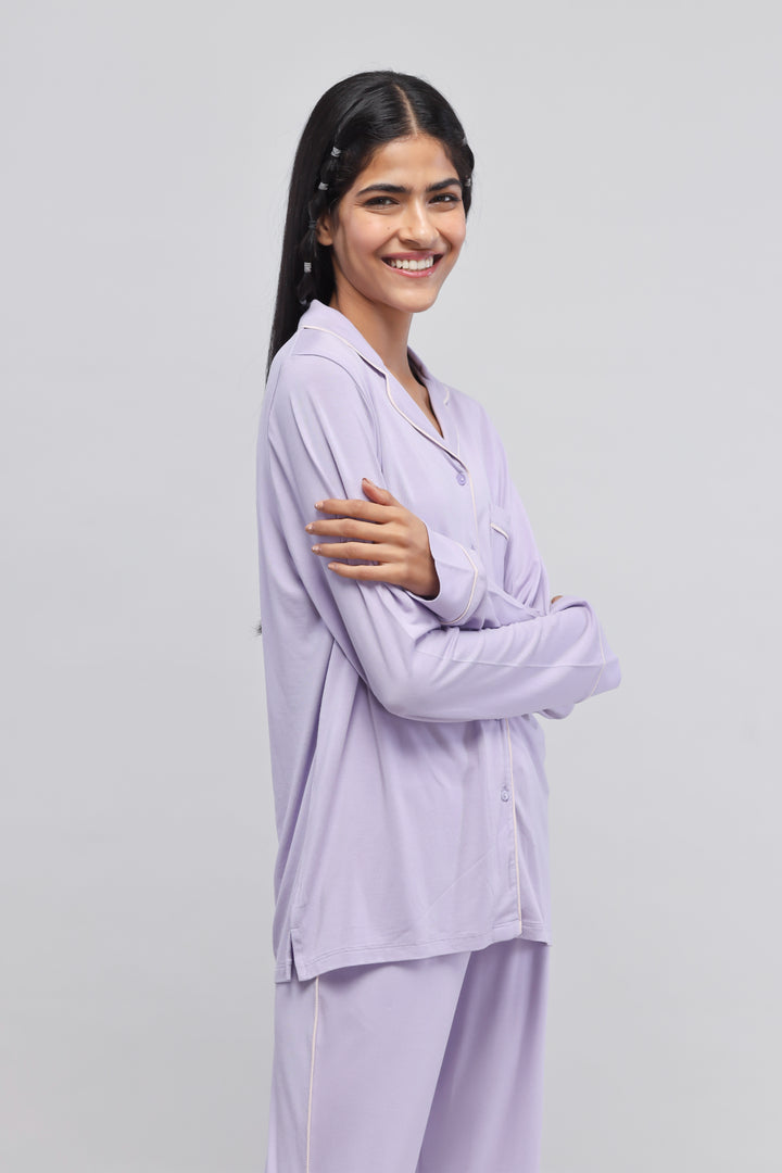 Lavender Button-Down Piping Full Sleeves Top
