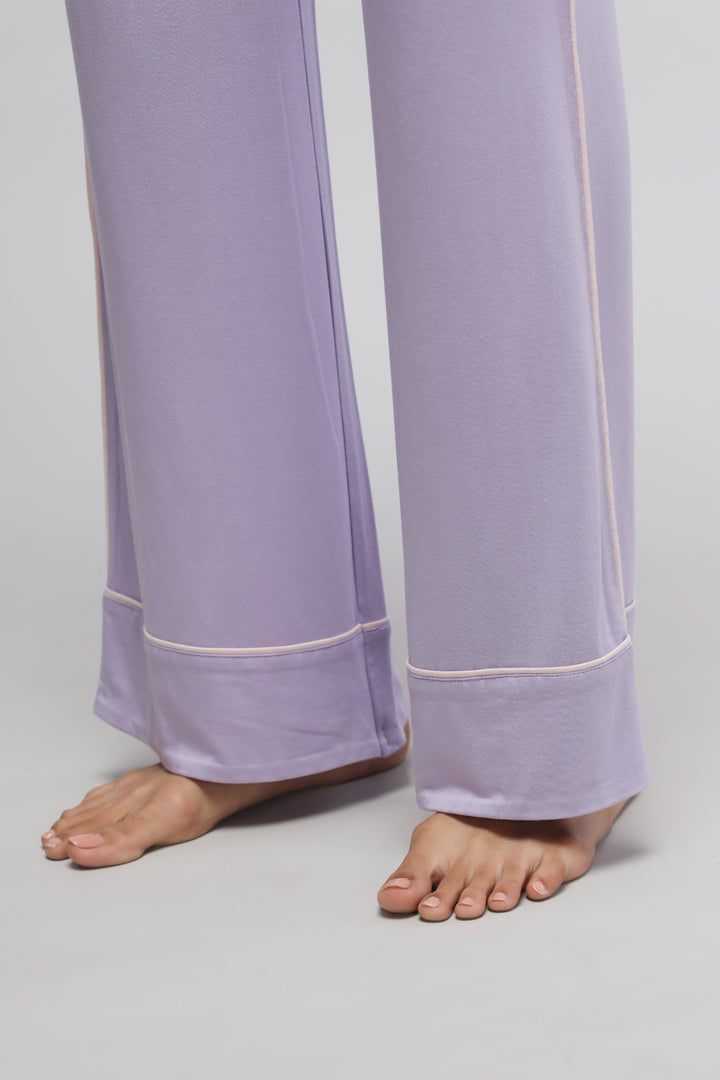 Lavender piping pajamas with comfortable, stylish wide-leg design.