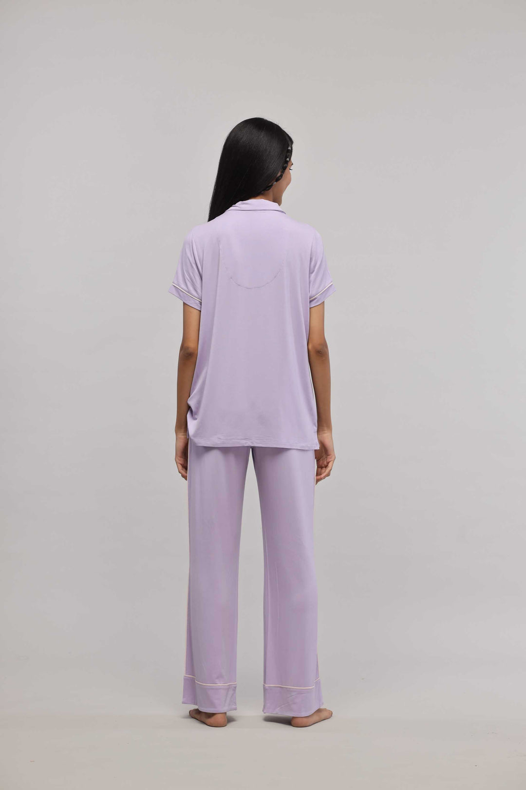 Lavender piping pajama set, half sleeve top, stylish and comfortable.