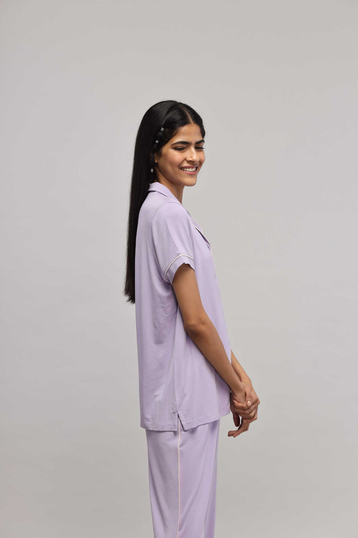 Lavender piping pajama set with half sleeve top for women.