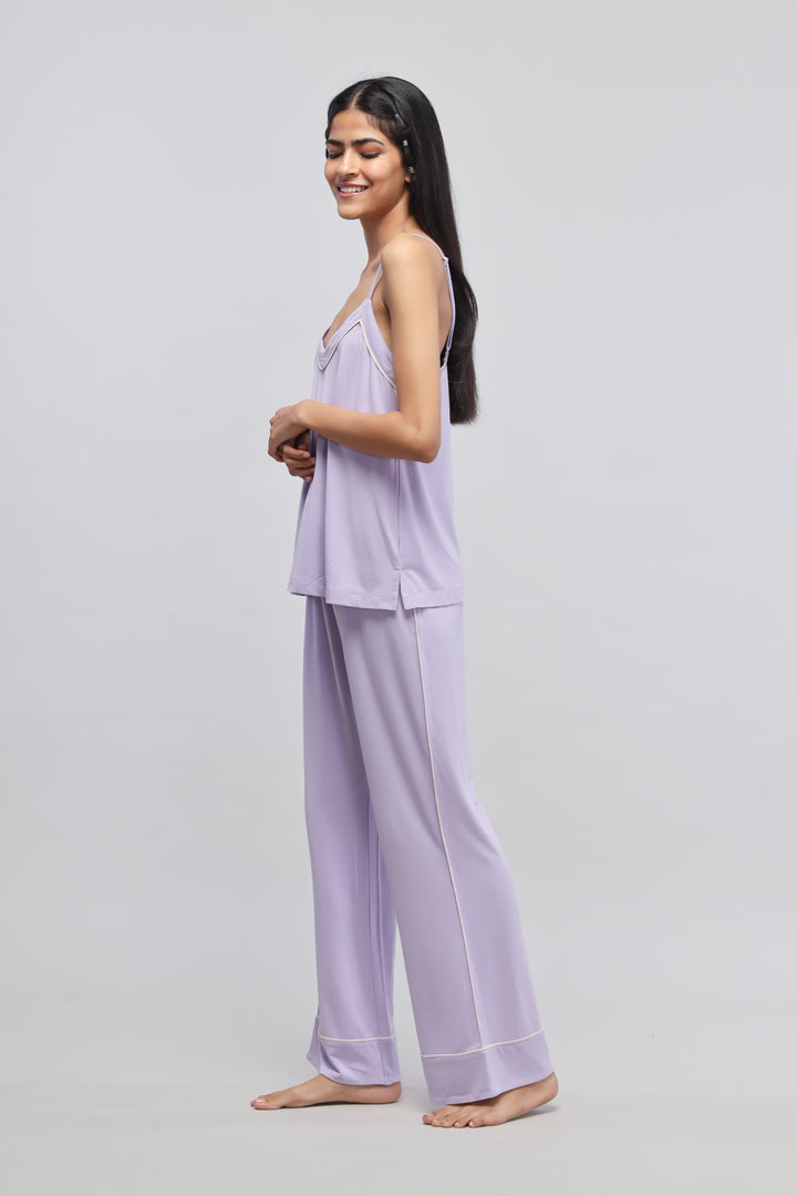 Lavender tank top and pant set for stylish comfort.