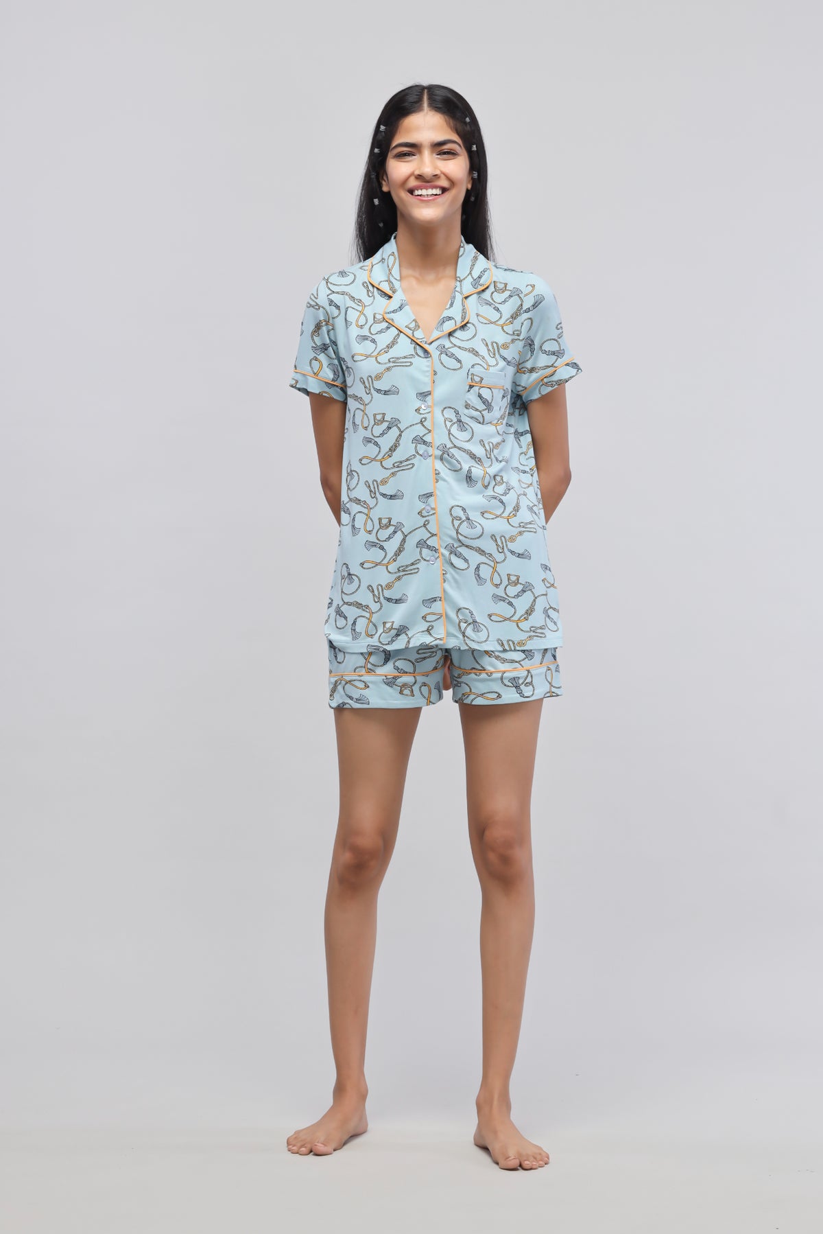 Rope print half sleeve shorts set for casual, comfortable wear.
