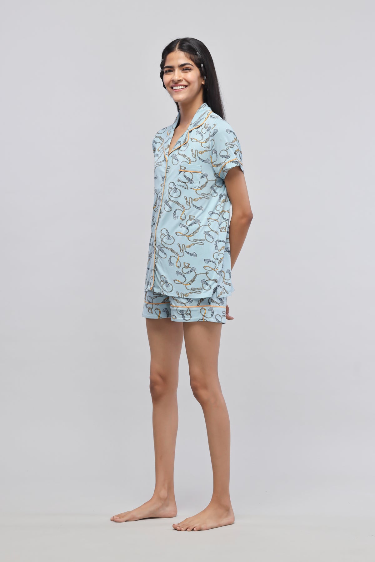 Rope printed half sleeve shorts set for casual comfort and style.