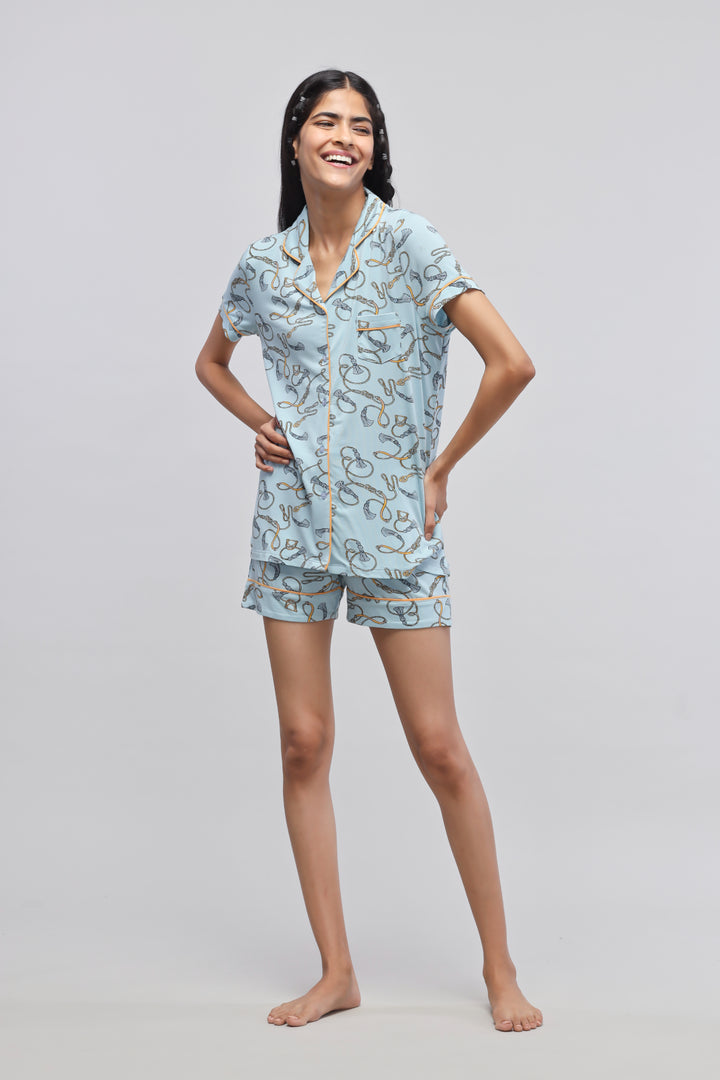 Rope printed half sleeve shorts set for stylish comfort.