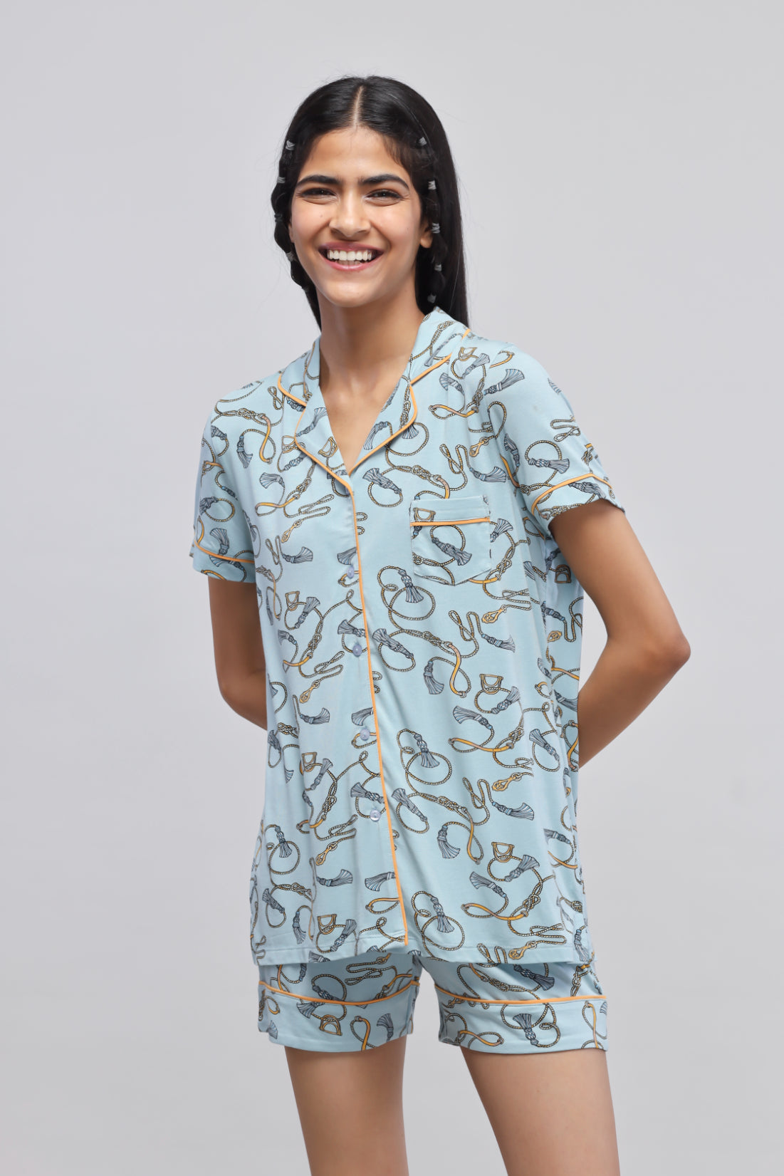 Rope printed half sleeve shorts set for stylish comfort.