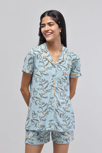 Rope printed half sleeve top with piping design for comfortable loungewear.