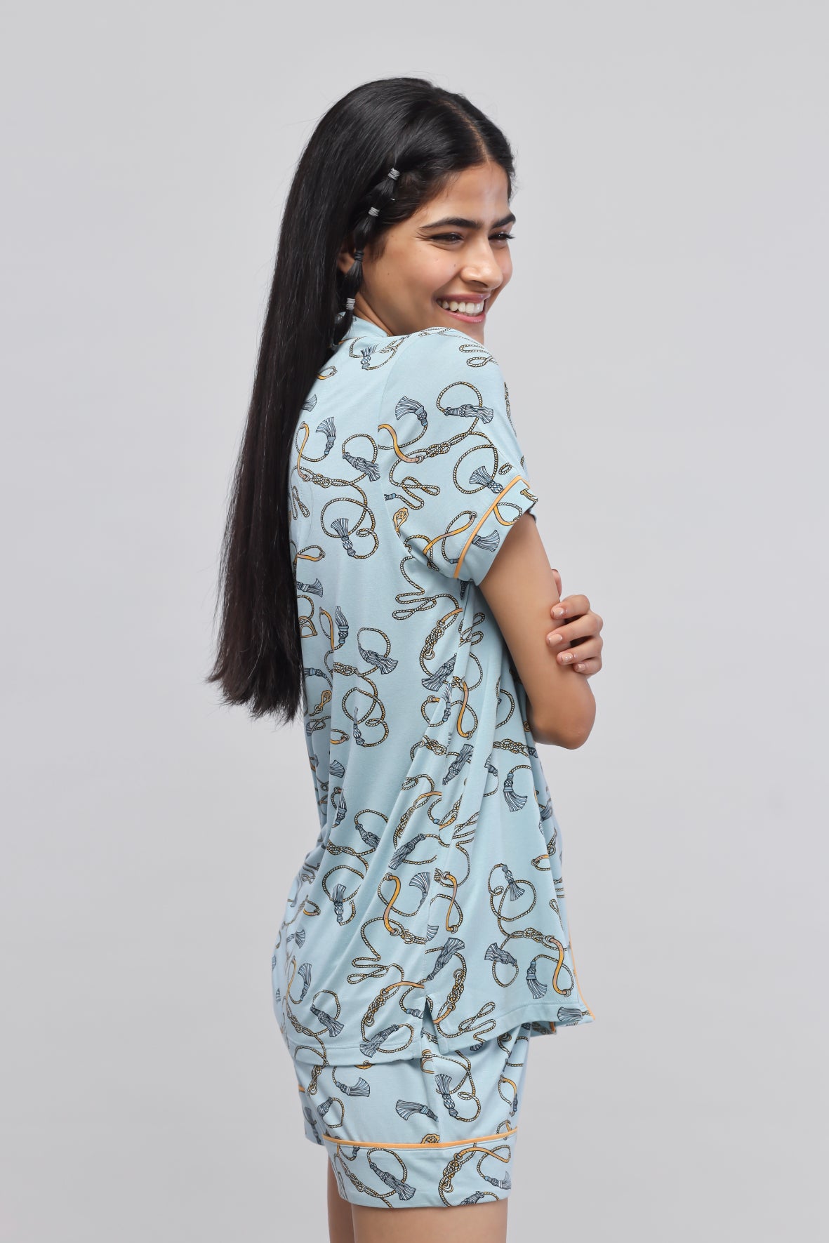 Rope printed half sleeve shorts set on a model, stylish and casual.