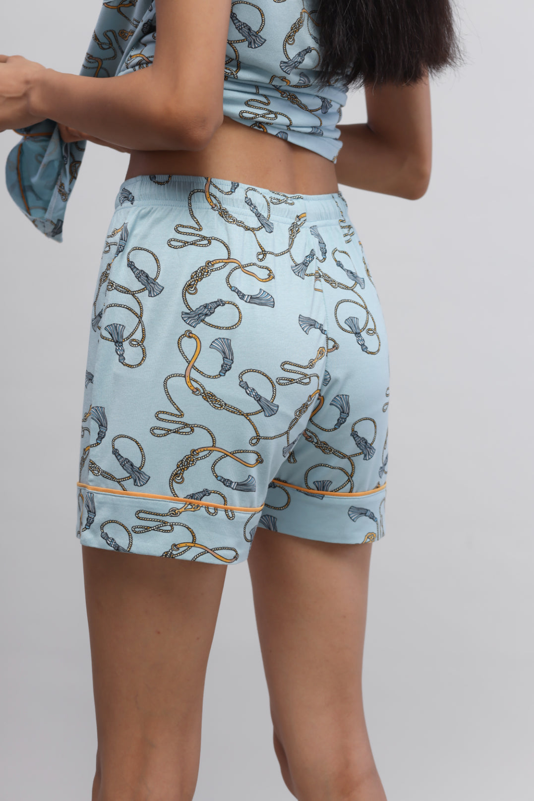 Rope printed half sleeve shorts set in light blue fabric.