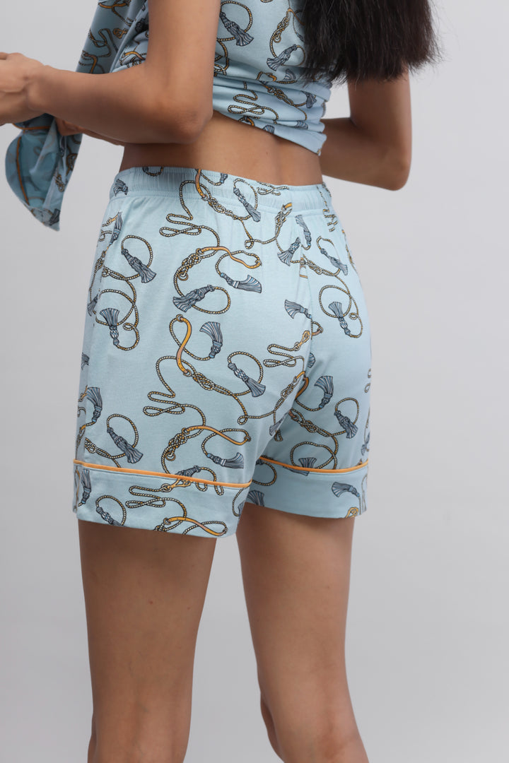 Rope printed full sleeve shorts set in light blue fabric.