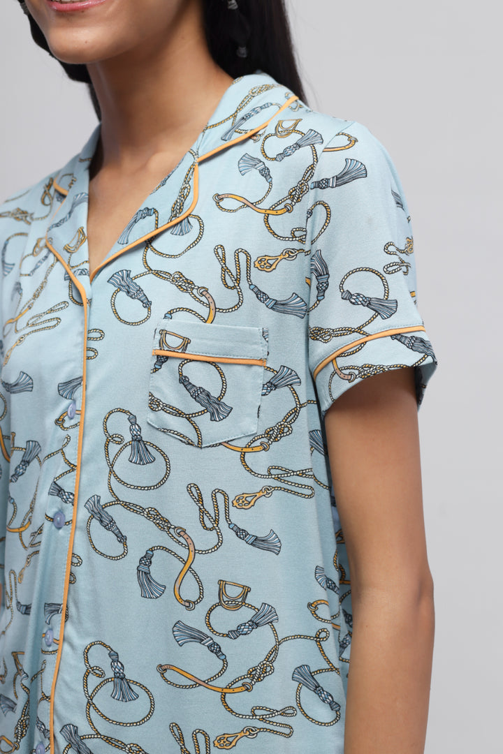 Rope printed half sleeve pajama set in light blue fabric.