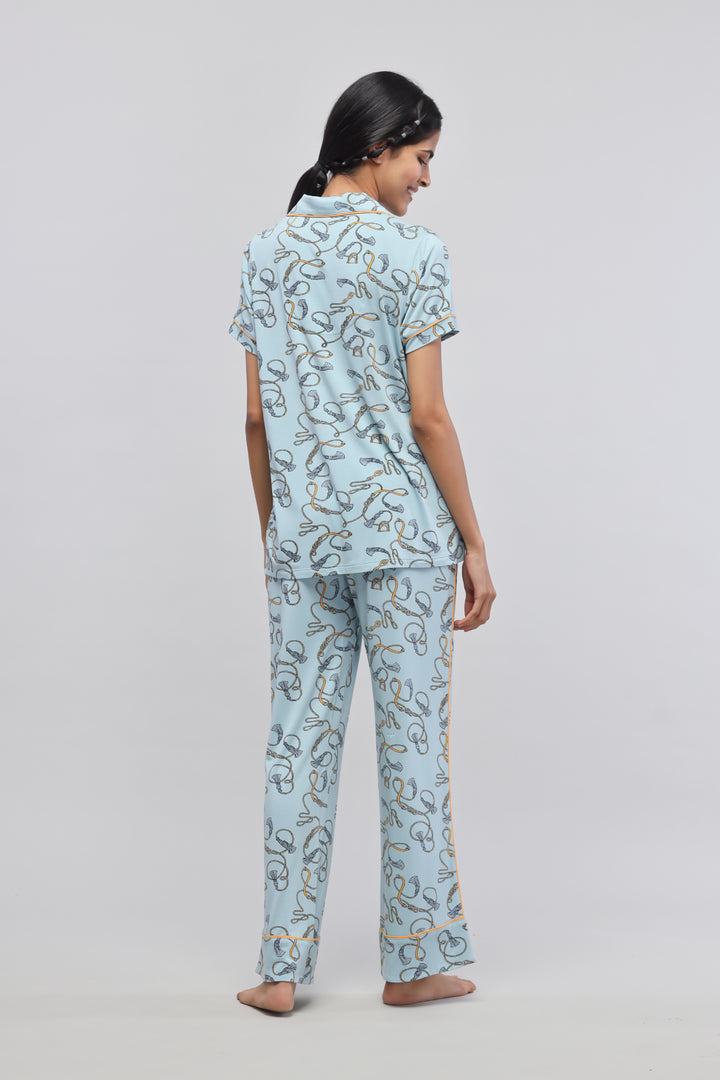 Rope printed half sleeve pajama set for women in blue.