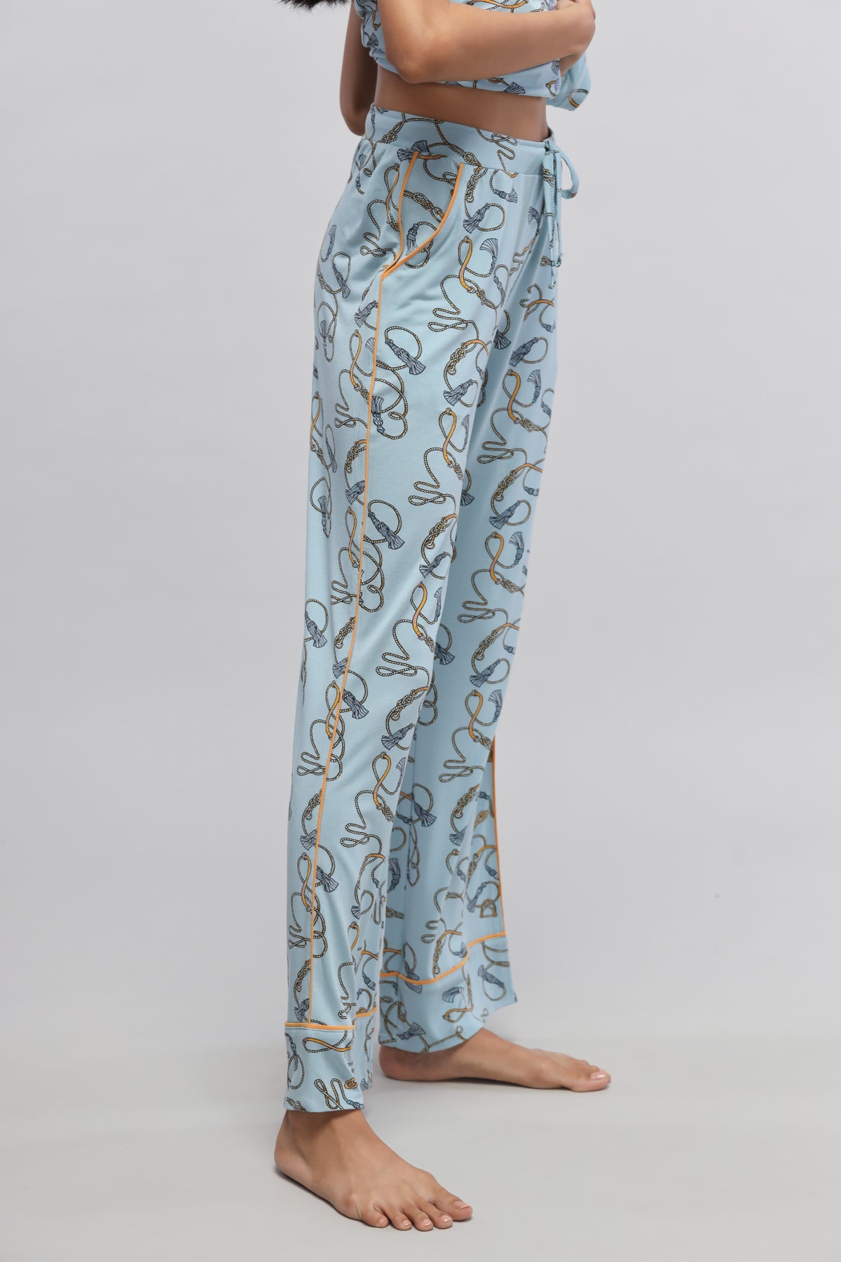 Rope printed pajamas featuring a stylish, comfortable design in light blue.