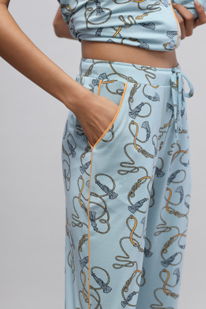 Rope printed pajamas featuring a stylish blue design and comfortable fit.