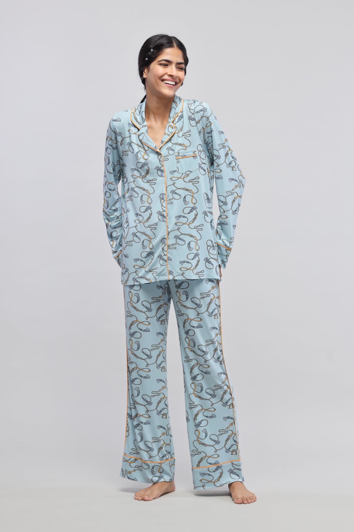 Rope printed full sleeve pajama set for stylish relaxation.