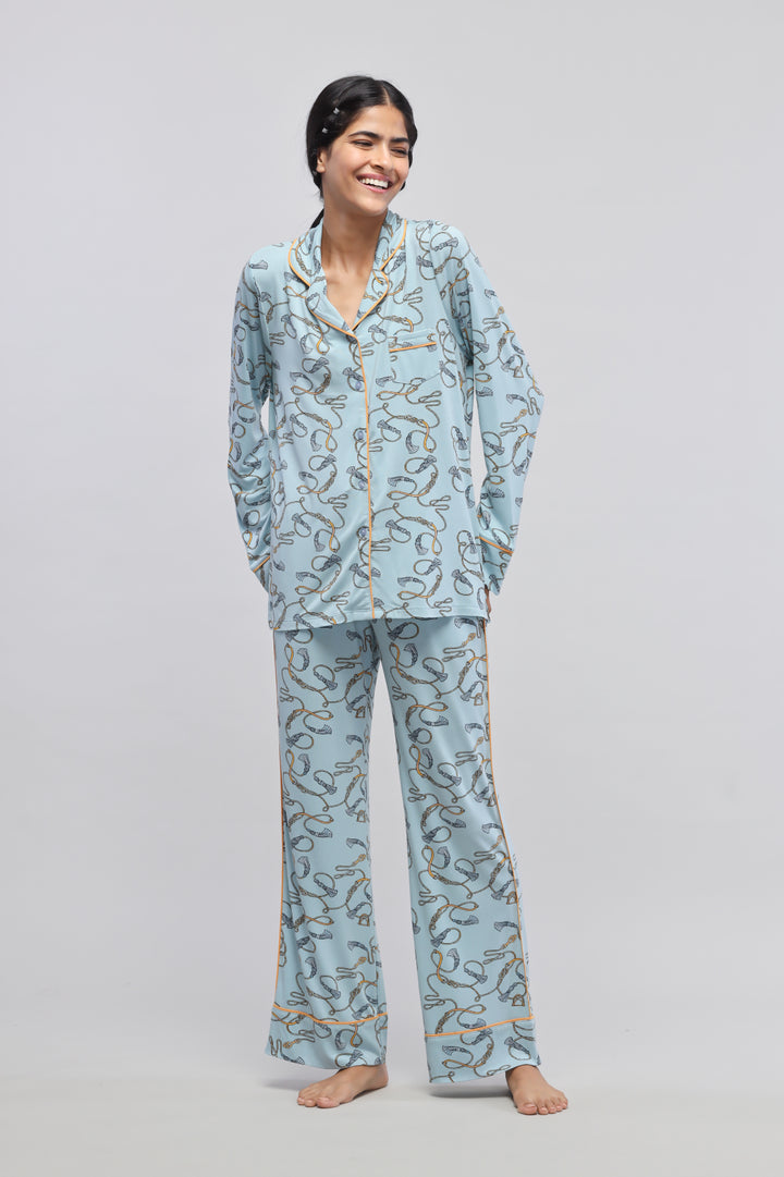 Rope printed full sleeve pajama set for stylish relaxation.