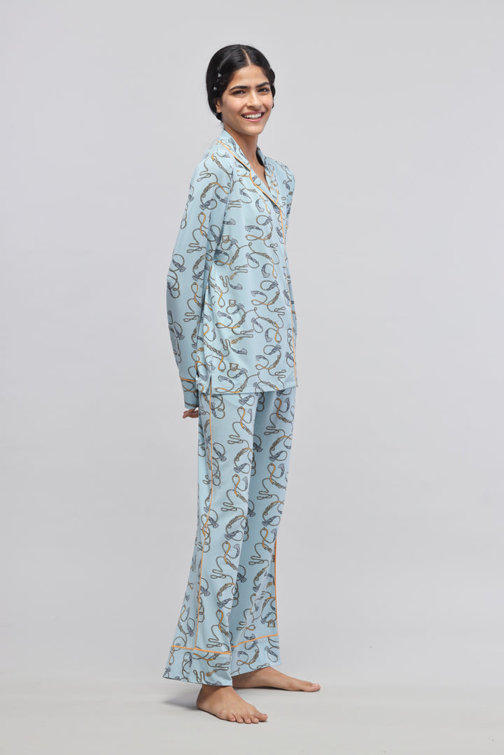 Rope printed full sleeve pajama set in light blue for women.