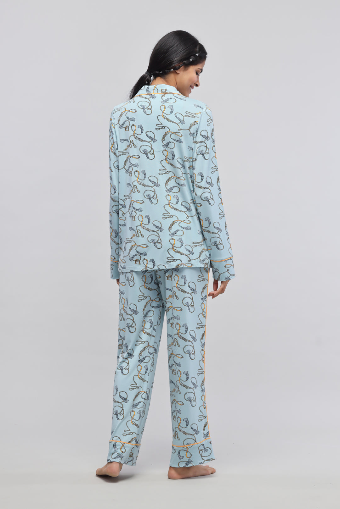Rope printed full sleeve pajama set for women in light blue.