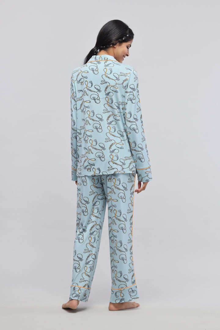 Rope printed full sleeve pajama set for women in light blue.